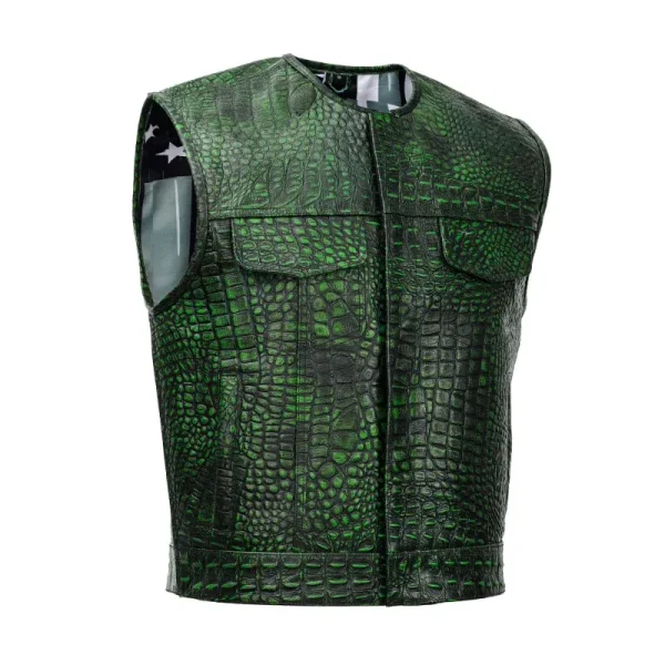 Green crocodile-patterned Men’s Motorcycle Leather Vest